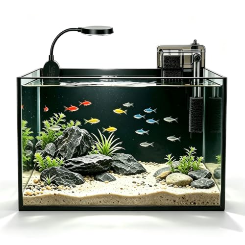 2.8 Gallon Small Glass Fish Tank, Desktop Nano Aquarium Starter Kit with Clip-on LED Light and Waterfall Filter Pump for Home and Office