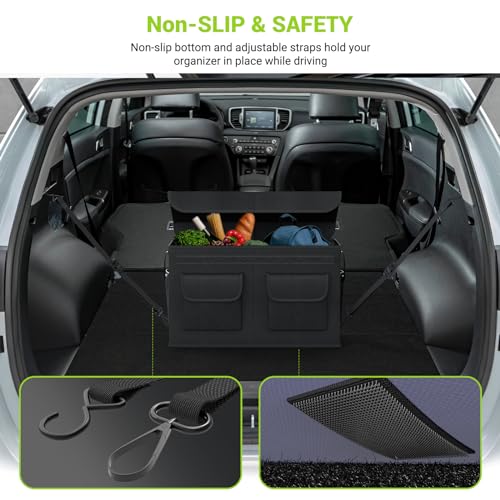 MIU COLOR Car Trunk Organizer with Lid, Foldable Car Storage Organizer with 3 Compartments, 8 Pockets, Leather Handles, Non-Slip Bottom, Car Organizer and Storage for SUV, Van, Grocery, Camping, Black