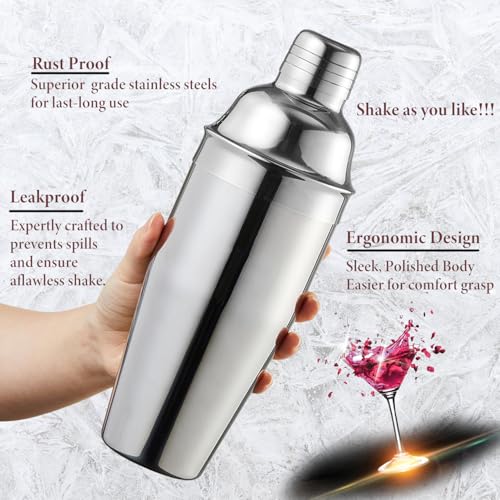 Cocktail Shaker, Large 750ml Stainless Steel Cocktail Shaker Set with Strainer, Jigger, Cocktail Set with Bar Accessories Mixer Bar Utensil Tool - Image 6