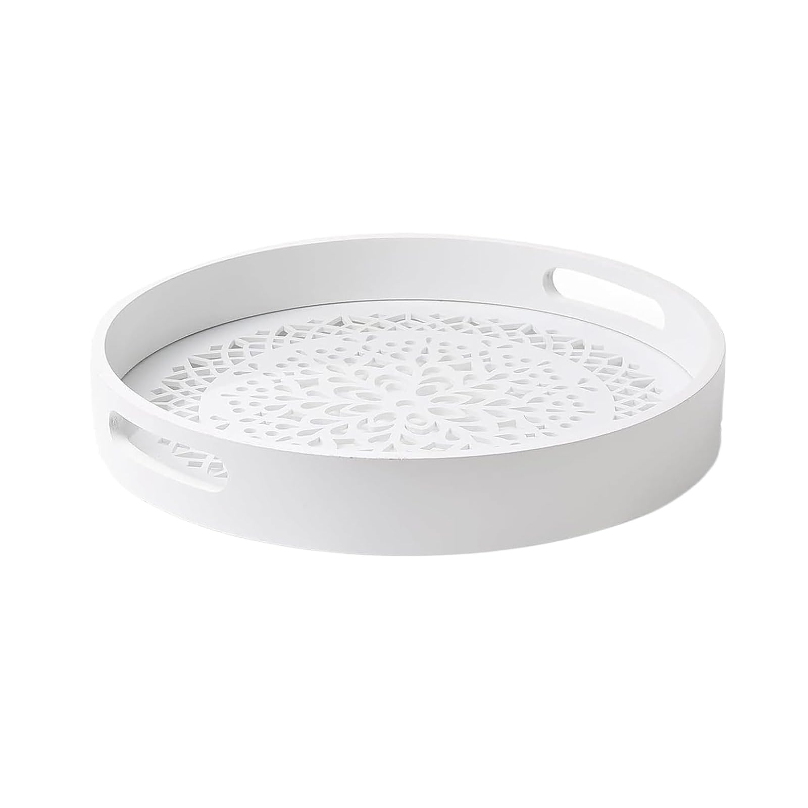 Bandeja Redonda rústica para Servir café, Resistente al Agua, Decorativa, Ideal para Velas, Aperitivos y postres, Ideal para Cocina, Sala de Estar, 30 x 30 x 4,6 cm (Blanco)