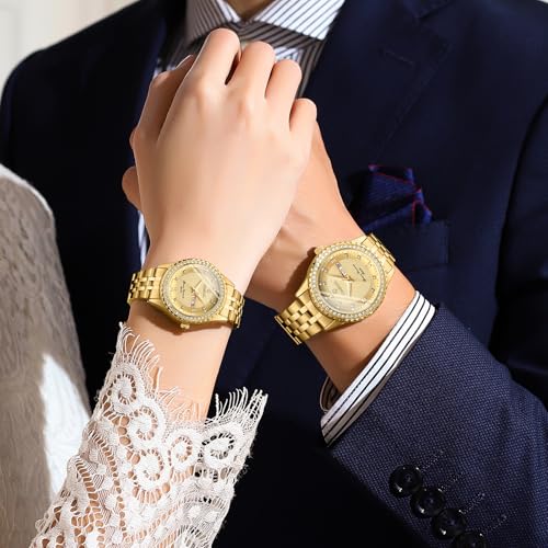 Image of JewelryWe Couple Gold Quartz Watch: Business Analog Full Diamond Day Date 3ATM Waterproof Luminous Hands Stainless Steel Removable Strap Casual Wrist Watch for Father's Day