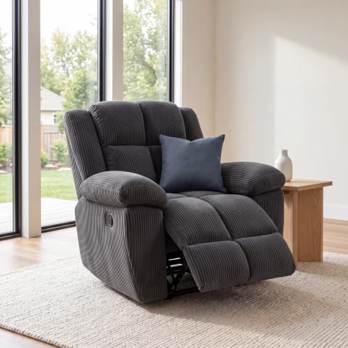 Image of Oversized Corduroy Recliner Chair, Manual Lazy Boy Recliner with Home Theater Seating, Breathable Living Room Reclining Chair for Adults Reading, Gaming, Relax, Dark Gray
