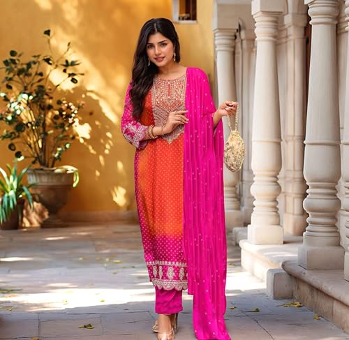 Image of GoSriKi Women's Rayon Viscose Straight Bandhani Embroidered Kurta with Pant & Dupatta