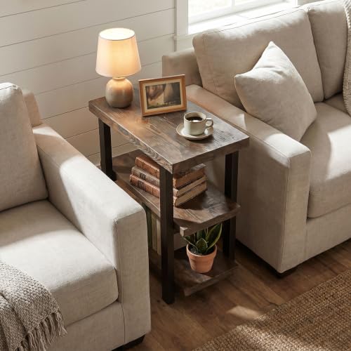 Image of Alaterre Furniture Pomona Solid Wood 3-Tier End Table, Rustic Brown, 20 inch | Small Side Table or Nightstand with Storage Shelf and Metal Legs, Rustic Farmhouse Chair Side Table for Living Room & Bedroom