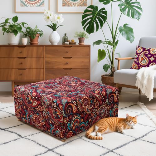 Image of YISUN Ottoman Cover Square, Stretch Printed Ottoman Slipcover Square, Thick Storage Ottoman Covers Washable Footrest Stool Cover Protector with Nonslip Elastic Bottom
