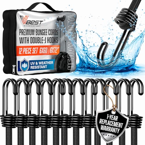 Image of Extra Long Bungee Cords with Hooks - 12Pcs Bungees Set 6x60-6x72 | UV & Weather Resistant Strong Bungie Chords - Black Bunjee Straps - Large Bungy Cord Set 200lb Strength