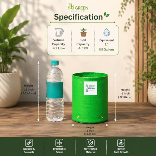 Image of HDPE Grow Bags for Plants 6X9 Inch (Pack of 4) | 260 GSM Heavy Duty UV-Protected Round Green Colour Plant Bags for Terrace and Vegetable Gardening | Strong & Reusable|
