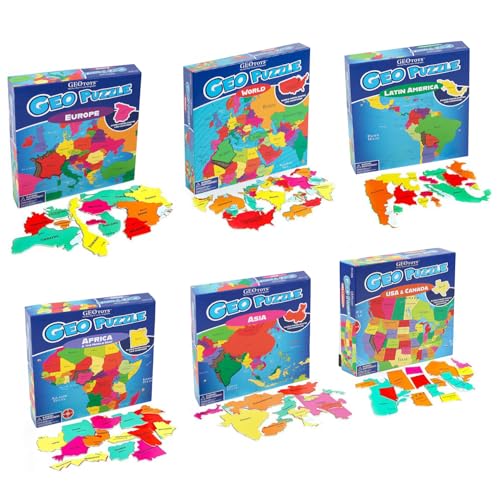 Image of GeoToys GeoPuzzle, Country Jigsaw Puzzles Set of 6, Geography Puzzle, Geography Game & Map Puzzle - Jigsaw Puzzles for Kids Ages 6-9, Stocking Stuffers for Kids, Christmas Gifts for Grandkids