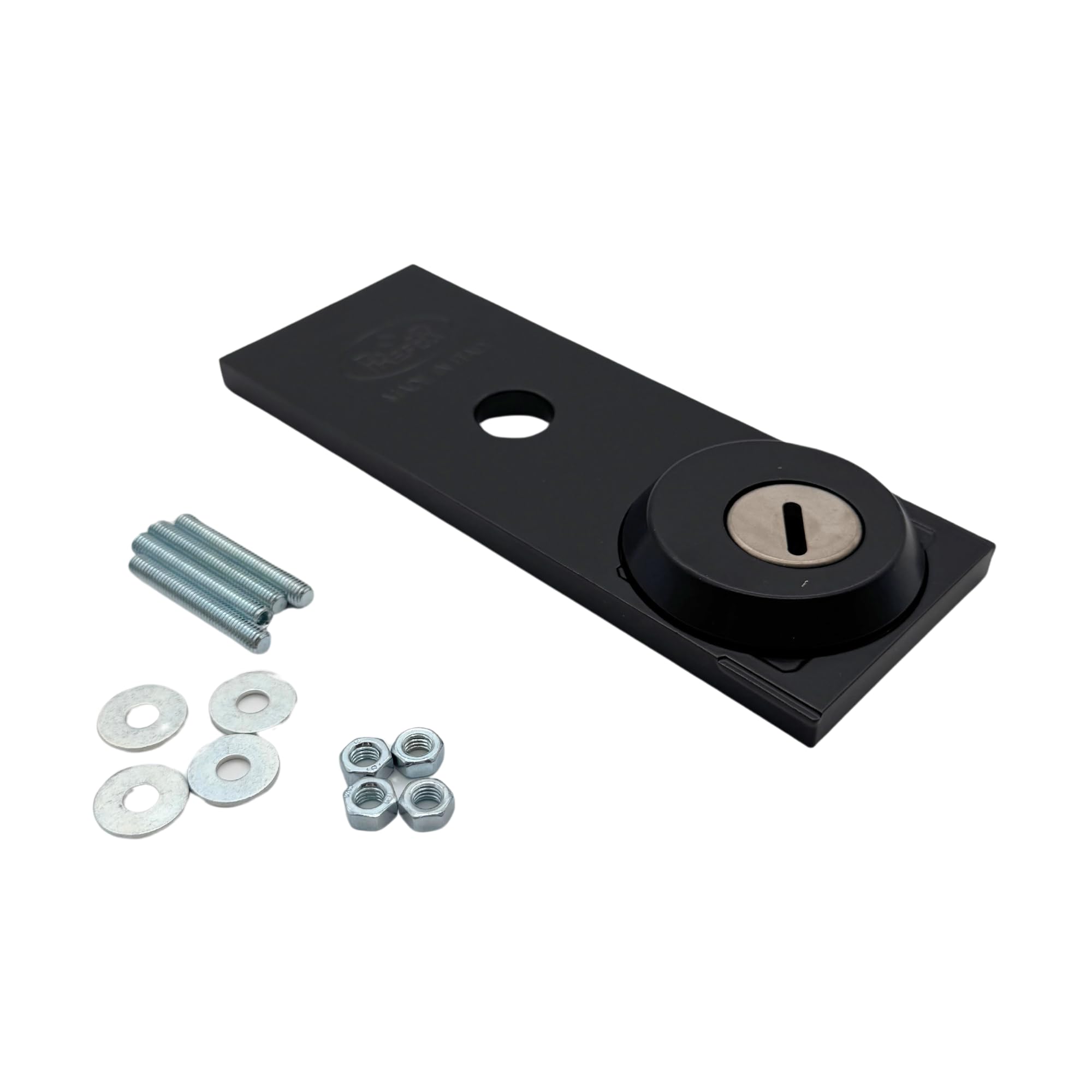 PREFER - Placca di Sicurezza Esterna per Serratura Basculante/Garage , con Ghiera Antitrapano, Verniciata Nera - 16 x 6 x 1,63 cm - 700 grammi