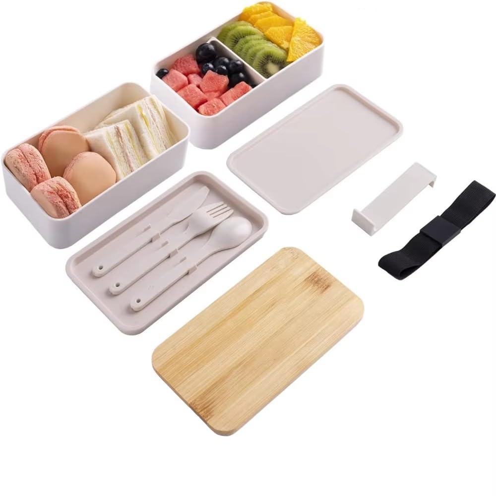 1200ML Podzielony Lunch Box Piknikowy Mikrofalowy Drewniana Pokrywa Bento Box Przenośny Dwuwarstwowy Pojemnik Na Żywność Dla Dzieci