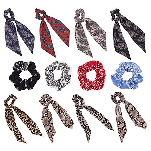 Yarlung 12 Pack Scarf Scrunchies 2 in 1 Designs Elastic Hair Ties, Vintage Hair Bow Leopard Ribbon Scrunchy with Tails for Thick Hair Perfect Gifts for Women Girls
