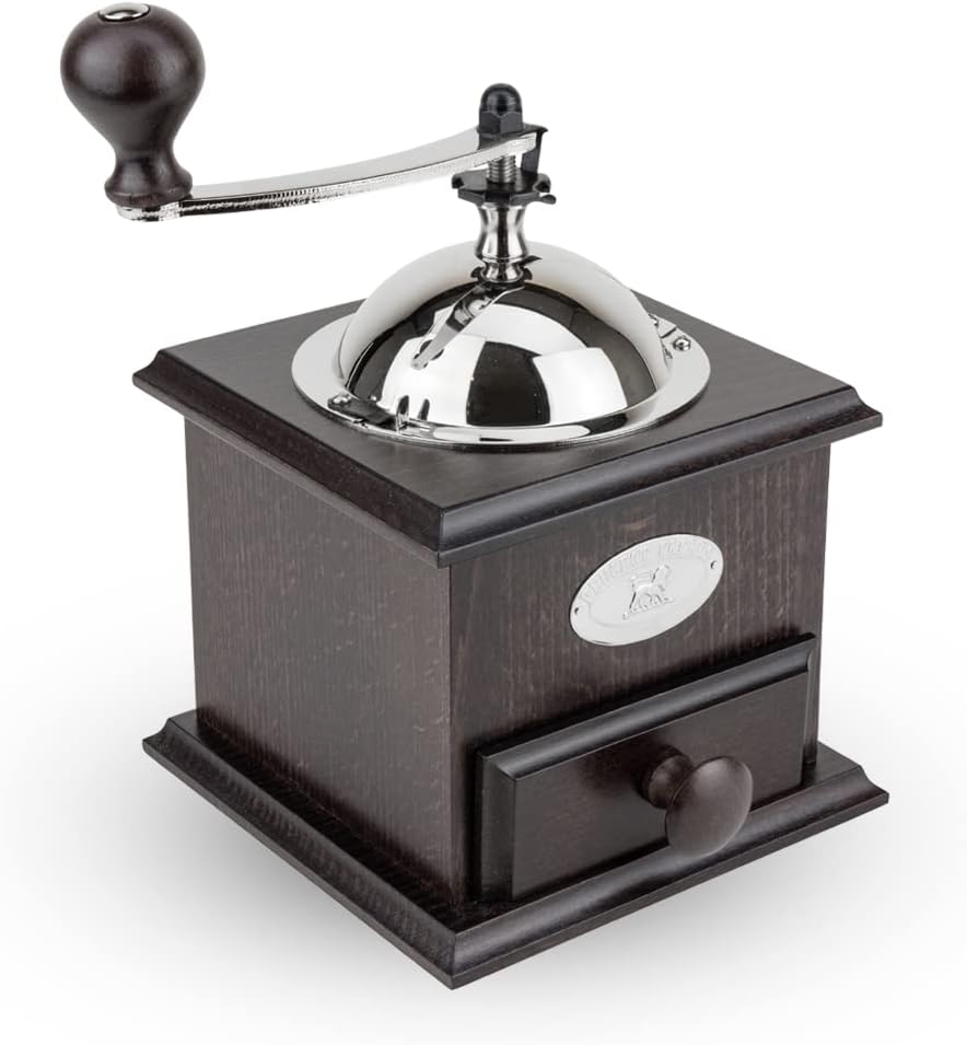 Peugeot Nostalgie Moulin à café manuel style ancien, Mouture réglable, Couleur : Chocolat, Taille : 21 cm, Matière : Bois et inox, 841-1 Noyer