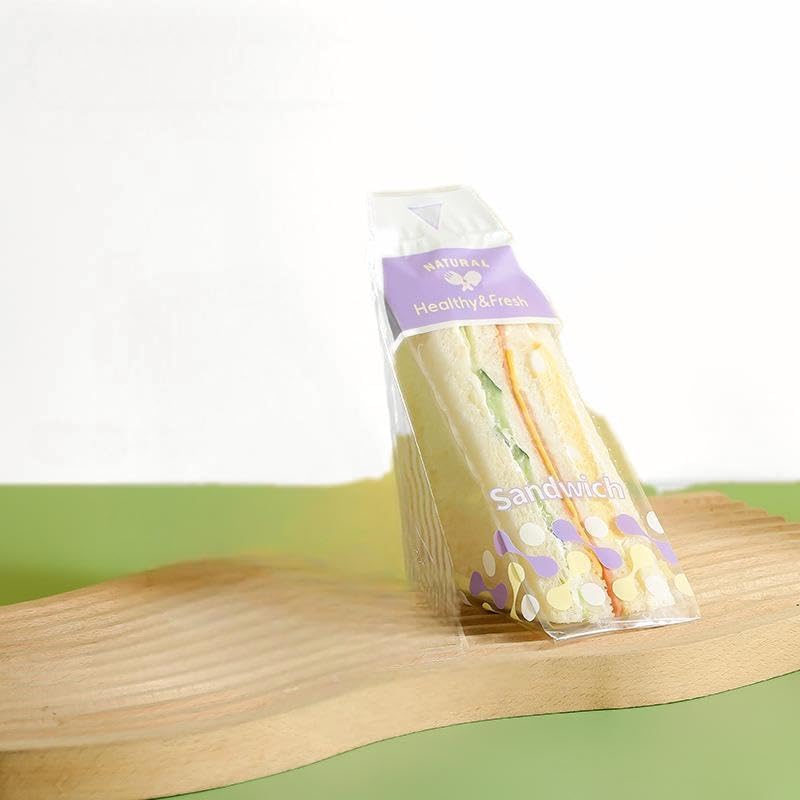 Plastic Sandwich Bags Packaging Container, Disposable Transparent Sandwich Containers, 100 Pack Clear Triangle Bakery Wrappers for Sandwiches,Easy to Tear (purple)
