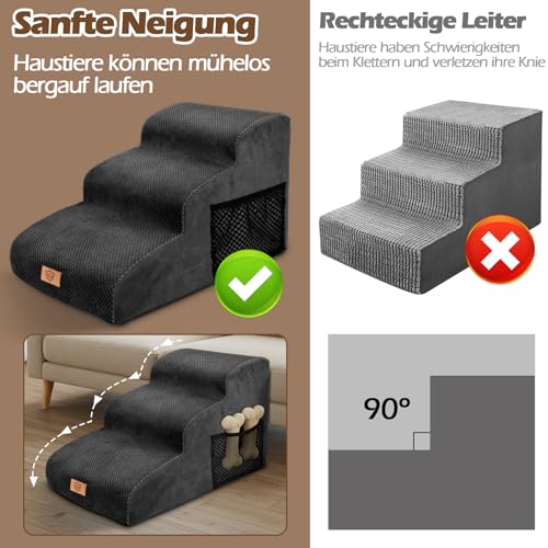 Eukue Hundetreppe 3 Stufen, Hundetreppen für Kleine Hunde und Katzen, Tragbare Hunderampe für Bett und Sofa, Hochdichtem Schaum Haustiertreppe mit Bezug und Tasche, Schwarz
