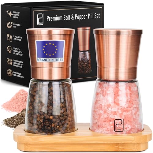 Ensemble de moulins à sel et à poivre de qualité supérieure avec support en bambou - 170 g, acier inoxydable cuivré - Moulin à main rechargeable et...