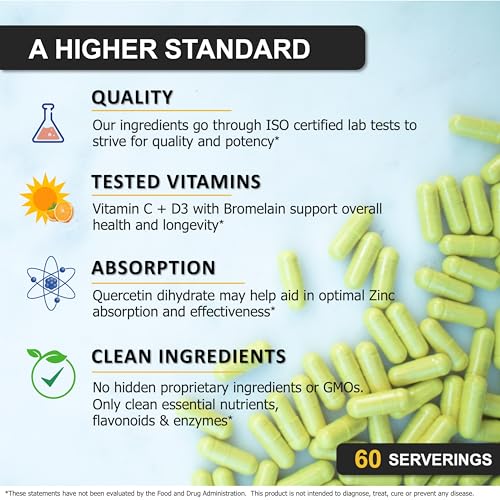 Zinc Quercetin 500mg with Vitamin C Vitamin D3 Bromelain Immune Support High Potency Quercetin Zinc Supplement ZQV by SPARTIS (Pack of 1 Bottle at 120-Caps) - Image 5