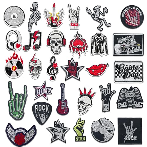 30 Pcs Punk Rock Iron-on Patches, Music Skull Embroidered Appliques, Rock Band Patches, for Jackets, Clothing, Jeans, Hats, DIY Accessories