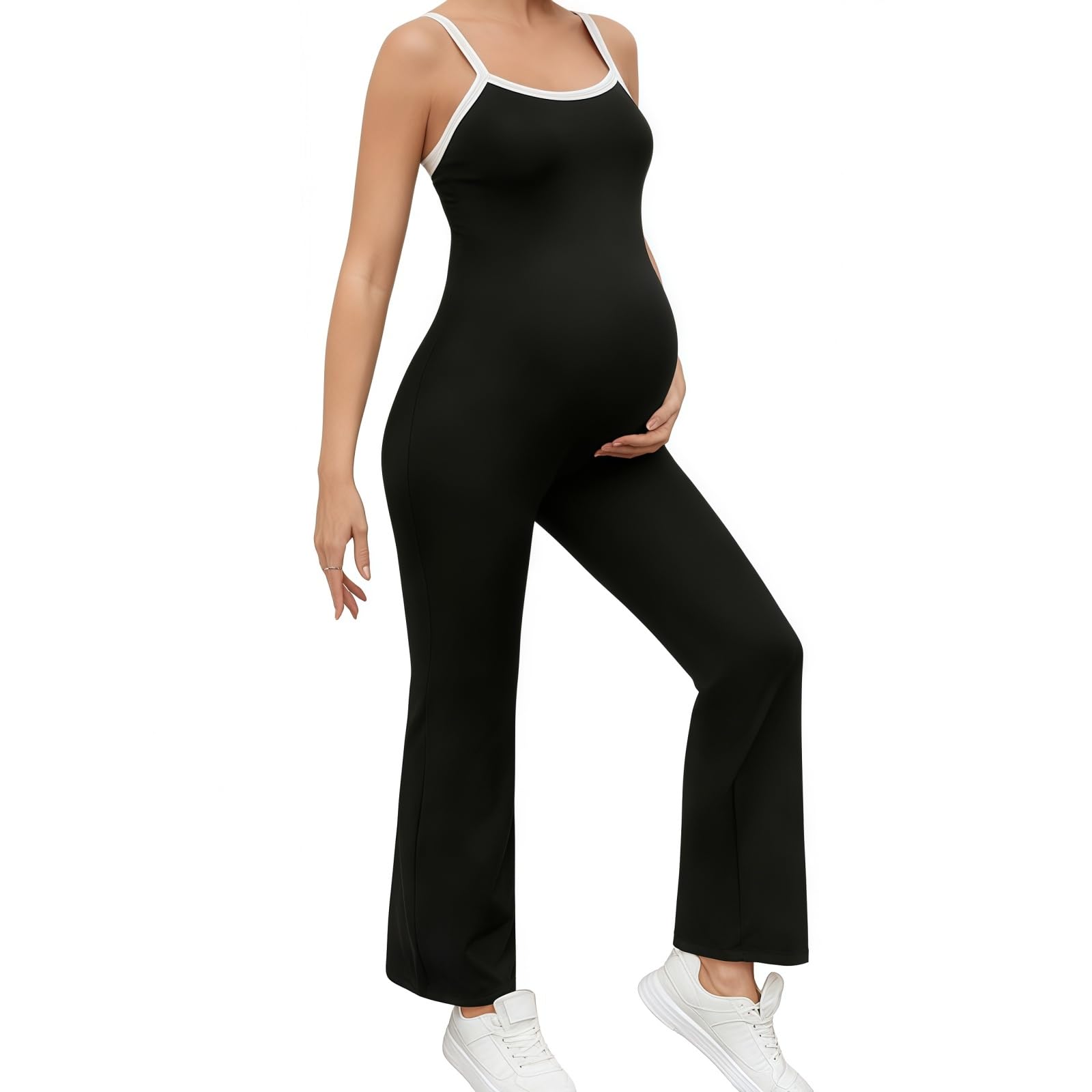 MANJIAMEI Ärmelloser Umstands Jumpsuit Schwarz Camisole Yoga-Jumpsuit Nahtlose Body mit Weitem Bein U-Ausschnitt Lang Sport-Overall Schmale Passform Freizeit Workout Freizeitkleidung