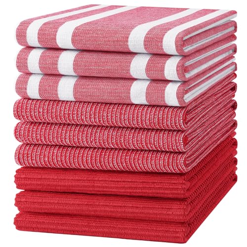 Image of Homaxy Premium Kitchen Towels(18 inchx 28 inch, 9 Pack), Large Cotton 380 GSM Kitchen Hand Towels, Soft and Absorbent Terry Dish Towels, Multipurpose Tea Towel Set with Hanging Loop, Red