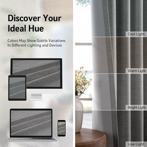 Image of 100% Blackout Shield Curtains, Grey, 2 Panels, 50''W x 108''L, Linen Textured Look, Thermal Insulated, Full Light Blackout, Grommet Top, Ideal for Living Room | 100% Blackout Shield Grommet Blackout Curtains for Bedroom, Thermal Insulated Drapes for Living Room, 50 inchW x 108 inchL, 2 Panels