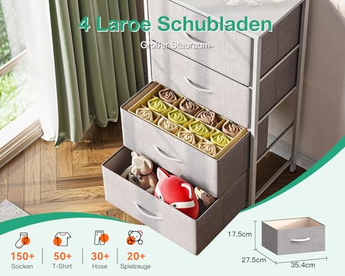 Coleshome Wąska Komoda z Szufladami, z 4 Szufladami, Mała Komoda z Tkaninowej Szufladą, Stabilna Rama ze Stali, Deska Drewniana, Nadaje się do Sypialni i Salonu, Jasnoszara