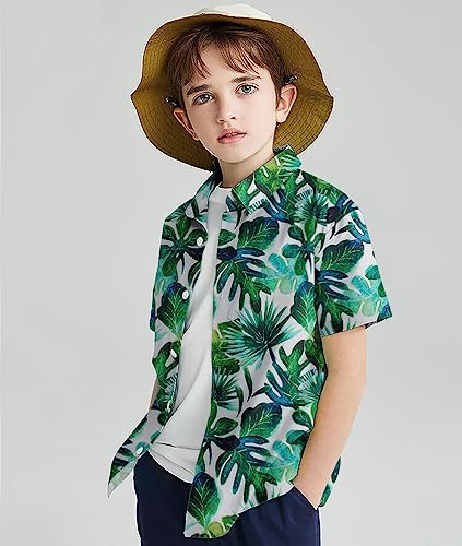 Boy Hawaiian Tropical T Shirts Size 7 Green Leaves Comfortable Hawaiian Summer Button Down Shirt Fashion Silky Tropical Themed Tops Garment For Boys 6-7 Years #TOP2