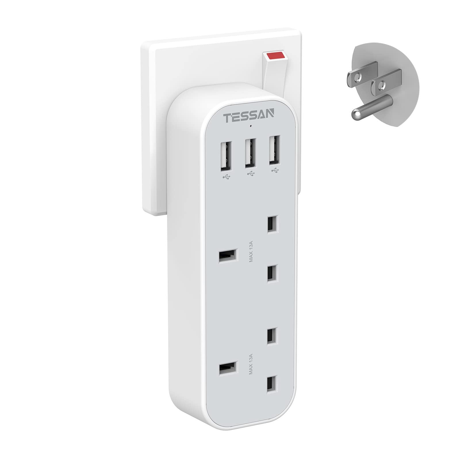 TESSAN UK to US Plug Adaptor, American Plug with 3 USB, 5 in 1 American Travel Adaptor from UK to USA, America, Mexico, Canada, Thailand Type B Travel Adapter