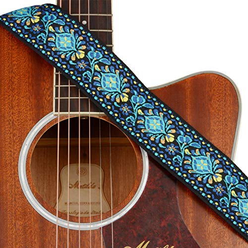 Dulphee Guitar Strap, Jacquard Embroidered Vintage Guitar Shoulder Strap With Durable Genuine Leather Ends For Bass, Electric & Acoustic Guitars (Blue-Yellow) #TOP7