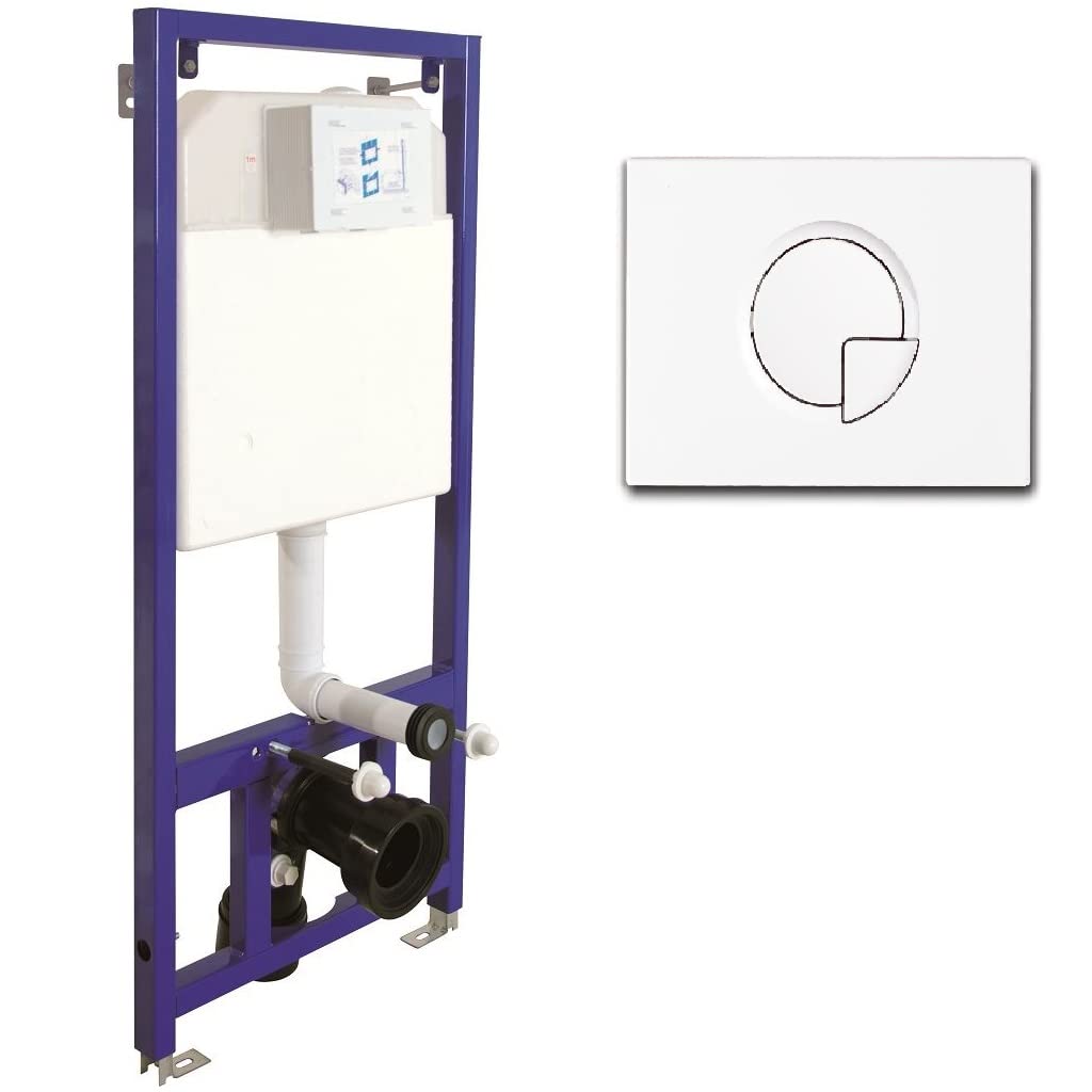 Juego completo de inodoro con asiento sin bordes, elemento de pared empotrable, cisterna de cerámica, color blanco/negro + placa pulsador (SD 1, blanco)