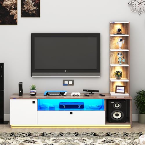 Image of Anikaa Engineered Wood Floor Standing Modern TV Unit with LED Light for Living Room | 2-Door & Open Box Cabinet with Side Shelf | Ideal for Up to 55 Inch | (Coachwood /White) DIY Installation