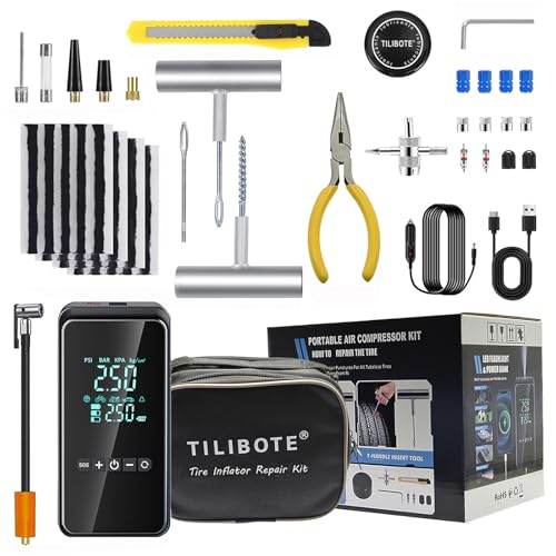 TILIBOTE Tire Repair Kit,50PCS Tire Inflator Portable Air Compressor with 24000mwh Cordless Air Pump (150 PSI) for MPVs, Cars, E-Bikes and Motorcycles