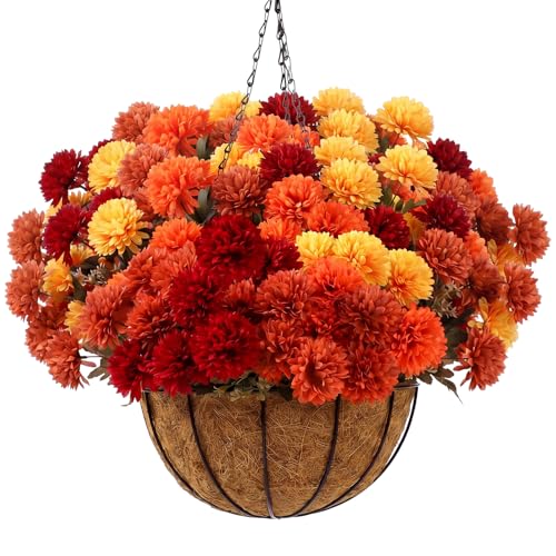 Canlierr 6 Bundle Fall Mum Artificial Flower Hanging Basket for Outdoor Porch Decor Fake Marigold Silk Orange Flower Bouquet Chrysanthemum UV Resistant Realistic Plant Autumn Home Decor (Fall Color)