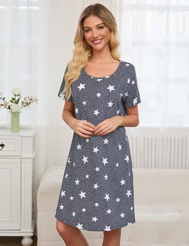 Image of ENJOYNIGHT Womens Cotton Nightgown Short Sleeve Sleepshirt Print Nightshirt | Short-Sleeve Crew Neck, Soft Cotton Fabric, Cartoon Printed Sleep Shirt, Loose Fit