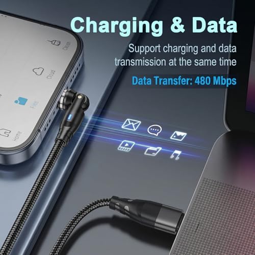 Image of Verilux PD 60W Magnetic Type C Cable Fast Charging, 2M C Type Charger Cable with 360 & 180 Rotation, Detachable and Replaceable Type C /Lighting /Micro Port for iPhone 17 /16 /15 /14, Galaxy S26 /S25 /S24