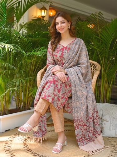 Image of ANNI Designer Cotton Blend Printed Straight Kurta with Pant and Dupatta for Women | Cotton Blend Pink | 3 /4 Sleeve | V-Neck | Ethnic Wear Casual Wear