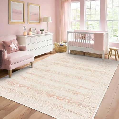 LAISE 5x7 Pink Area Rugs for Nursery Rug Ultra Soft Washable Rug for Baby Girl Decor Cute Low Pile Carpets for Dorm Kids Playroom Living Room Bedroom Dining Room Powder Room(Pink 5x7)