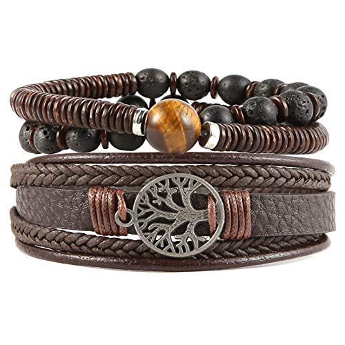 HZMAN Genuine Leather Tree of life Bracelets Men Women Tiger Eye Natural Stone Lava Rock Beads Ethnic Tribal Elastic Bracelets Wristbands (Brown)