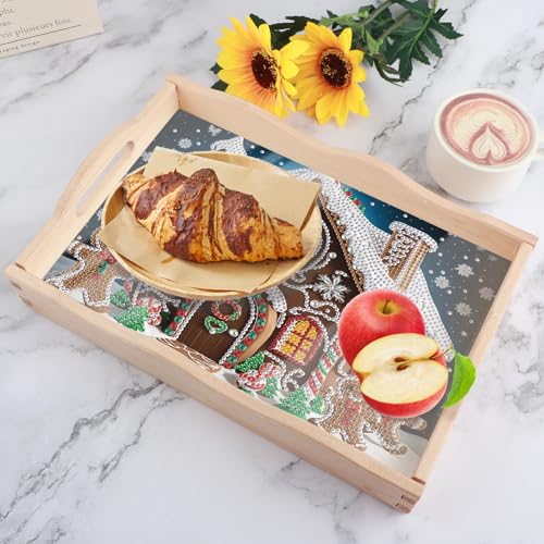 Image of Christmas DIY Diamond Art Tray with Handle Special Shaped Diamond Art Plate Creative Design Handmade Wooden Tray Mosaic Making Kits by Number Kits DIY Crafts Gift for Xmas Organizer (Christmas House)