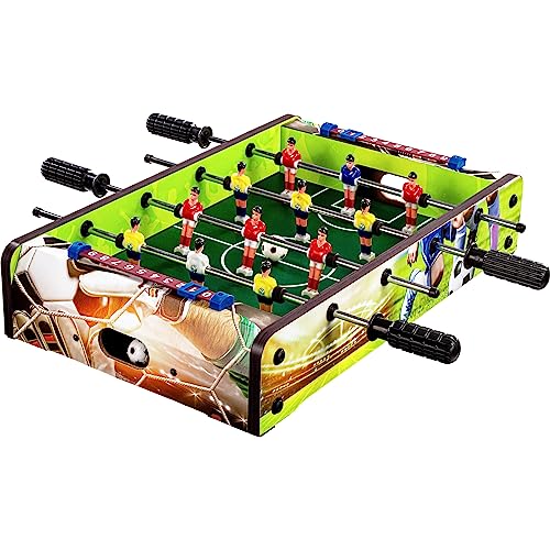 GAMES PLANET Mini-Tisch-Kicker Tischfussball „Dundee“, Soccer Dekor, Maße: 51x31x8 cm, Gewicht: 2,6 kg, 4 Spielstangen, inkl. 2 Bälle