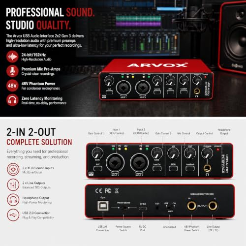 Image of Arvox Audio Interface 2x2 Gen 3 | Premium Mic Pre-Amps | 48V Phantom Power Support | 24bit /192kHz High Fidelity Recording | XLR /MIC /LINE inputs | Plug & Play-No Drivers | Metal Body | Red (GEN3)