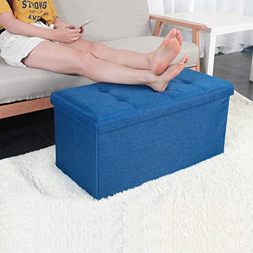 WoneNice Linen Folding Storage Ottoman Bench, Storage Chest Footrest Padded Seat, 30 x 15 x 15 Inches (Linen Navy) - Thumbnail 2