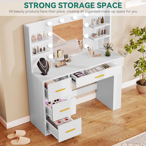 DWVO Vanity Desk with Mirror and Lights, 40in Makeup Vanity Table with Power Outlet, 4 Drawers & Storage Shelves, 3 Lighting Color Adjustable, White Dressing Desk for Bedroom