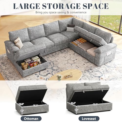 Image of 108 Inch Modular Sectional Sofa with Pull Out Bed,U Shaped 7 Seat Sectional Sleeper Sofa with Storage,Sectional Couches for Living Room,Cloud Modular Couch,Removable Sofa Cover,Light Gray