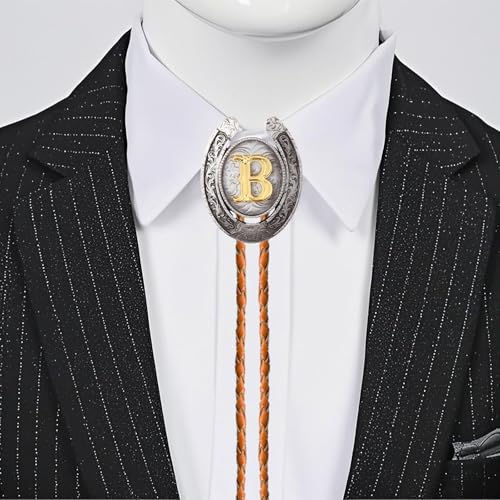 Image of Vintage Western Cowboy Monogram Initial Letter Bolo Tie for Men | Premium brown braided leather, adjustable sliding clasp, anti-tarnish alloy pendant, versatile A-Z western bolo tie