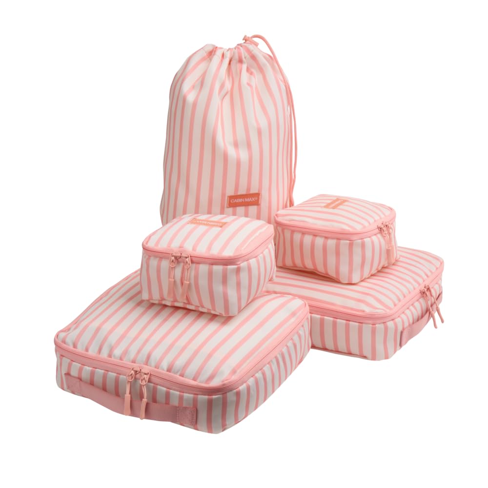 Packing Cubes for Backpack and Suitcases - 4 Piece Travel Packing Cube Set with Laundry Bag - Luggage Organiser Bags for Travel - Striped (Pink Stripe)