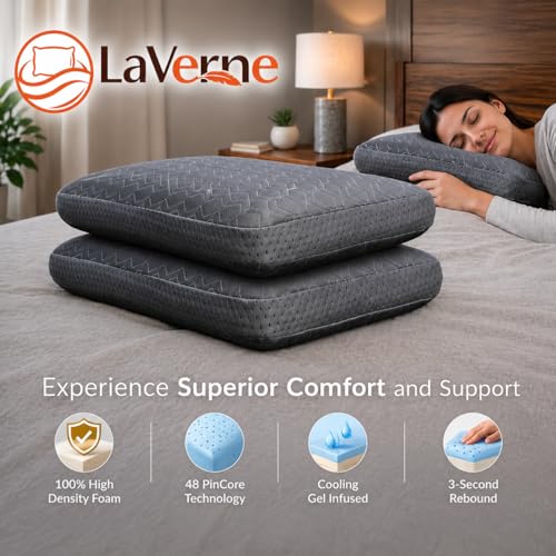 Image of LA VERNE Cooling Gel Infused Pincore Technology Breathable Memory Foam Pillow with 3S Rebound| Cool Gel Cervical Support for Neck & Shoulder Relief (2, Grey, Standard)