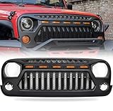 Grill Compatible with The Following Models:Jeep Wrangler JK JKU Accessories 2007-2018 Angry Face Grill Matte Black with 5 Amber Lights for Rubicon Sahara Sport