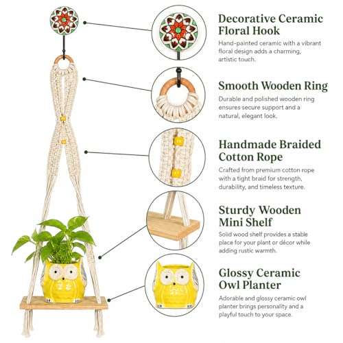 Image of Kaameri Bazaar Macrame Boho Braid Mini Shelve with Owl Shaped Planter and Ceramic Hook - Macrame wall Hanging l owl Planter Pot