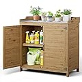 Gizoon Outdoor Potting Bench with Metal Tabletop, Outdoor Garden Patio Wooden Storage Cabinet with Adjustable Shelf, Double Doors Garden Work Bench for Backyard, Patio, Lawn - Natural