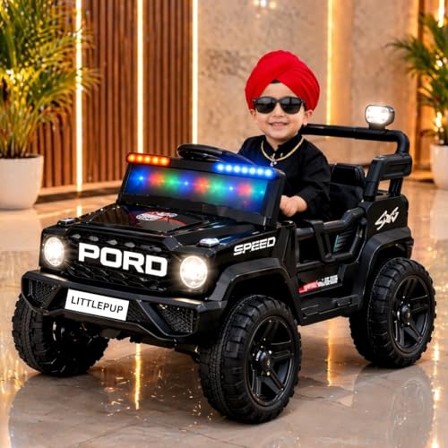 Image of Little Pup 4x4 Electric Jeep Ride-on Car for Kids, 12V Battery Powered, Red Plastic, Remote Control, Bluetooth Music, LED Lights, Manual Drive, Ages 1-6 Years (Black)